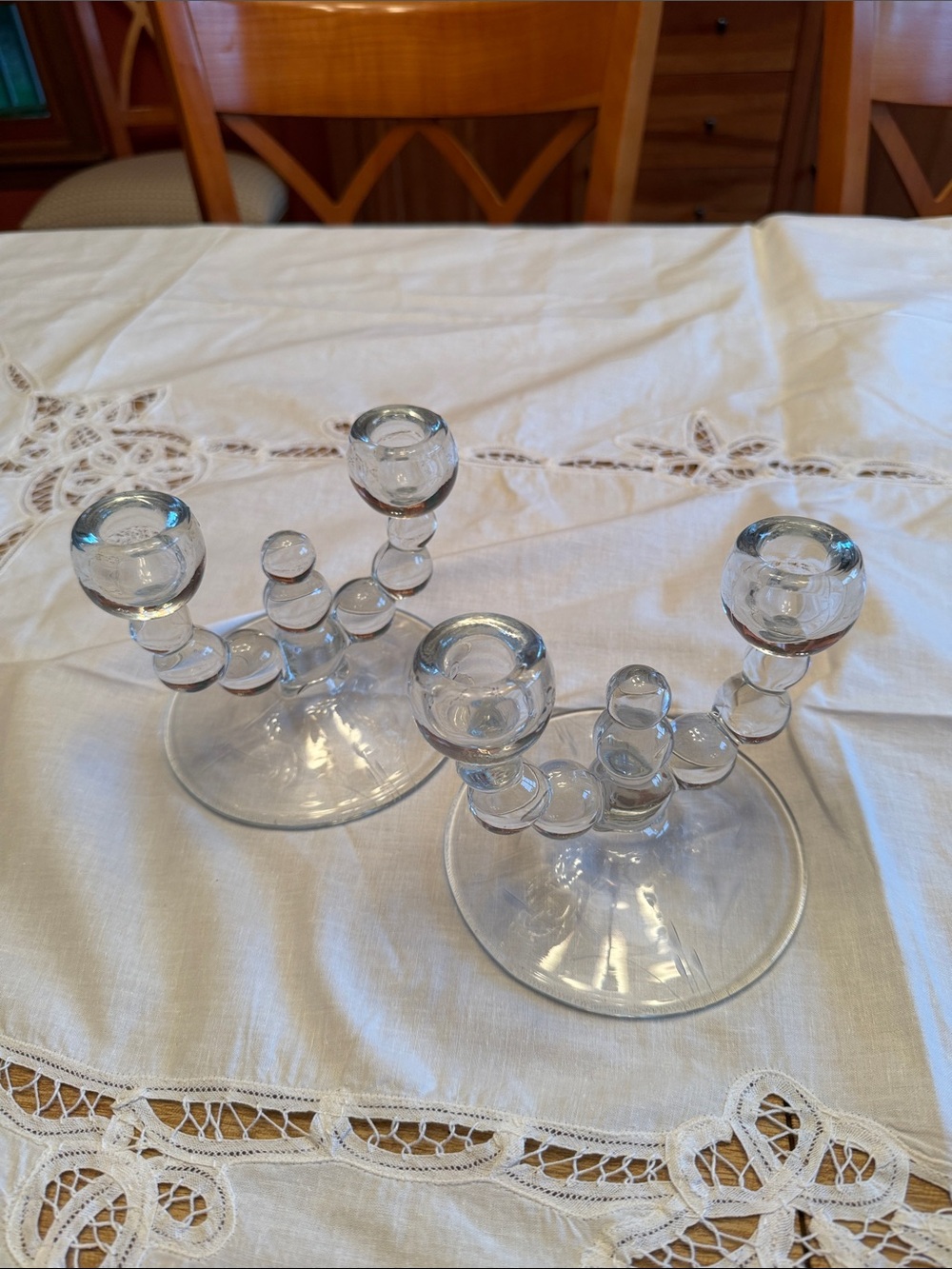 Set of vintage glass double candle holders